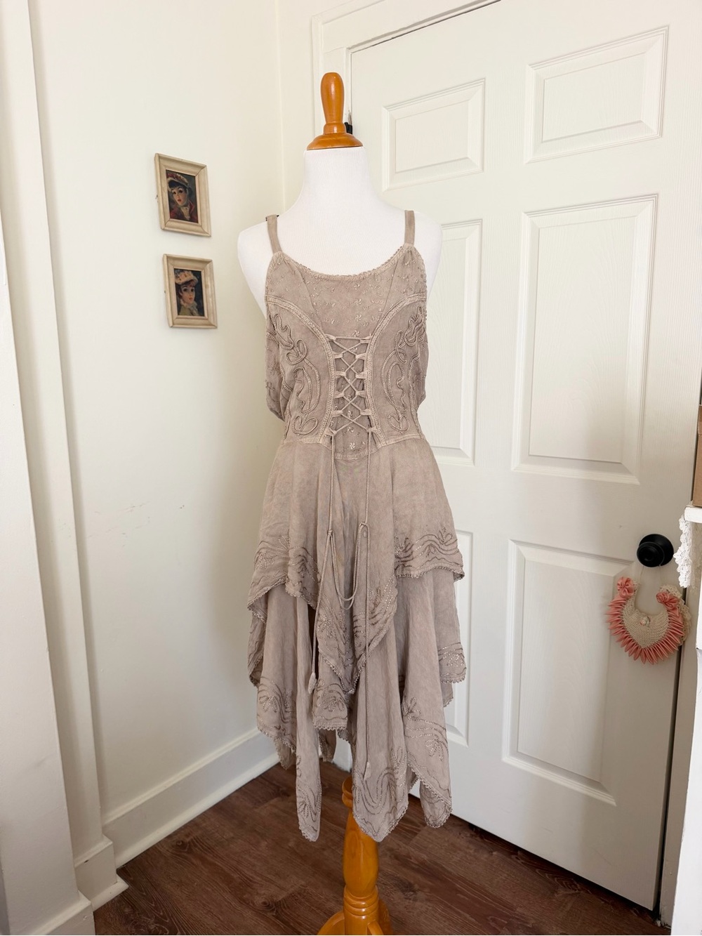 Whimsical Fairycore Taupe Brown Renaissance Corset Handkerchief Dress